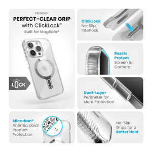 Speck Presidio Perfect-Clear Grip ClickLock & Magsafe - dėklas skirtas Apple iPhone 15 Pro Clear / Chrome Finish / Serene Silver - Image 4