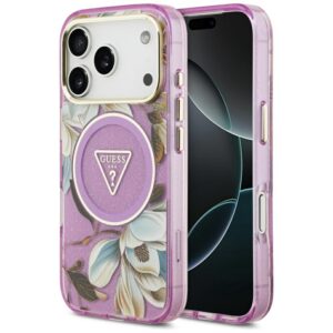 Guess IML Glitter Flowers Triangle MagSafe - dėklas skirtas Apple iPhone 17 Pro purple - Image 1