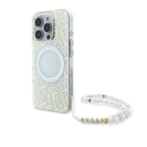 Guess IML Flowers Allover Electro With Pearl Strap MagSafe - dėklas skirtas Apple iPhone 16 Pro Max White - Image 1