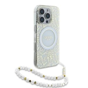 Guess IML Flowers Allover Electro With Pearl Strap MagSafe - dėklas skirtas Apple iPhone 16 Pro Max White - Image 3