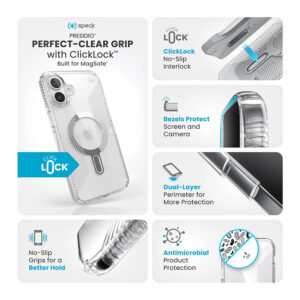 Speck Presidio Perfect-Clear Grip ClickLock & MagSafe - dėklas skirtas Apple iPhone 16 Plus Clear / Chrome Finish / Serene Silver - Image 3