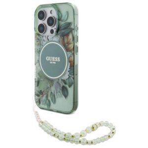 Guess IML Flowers With Pearl Strap MagSafe - dėklas skirtas Apple iPhone 16 Pro Max Green - Image 1