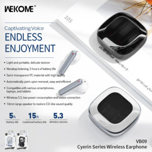 WEKOME VB09 Cyerin Series - Bluetooth V5.3 TWS belaidės ausinės su charging case juodos spalvos - Image 3