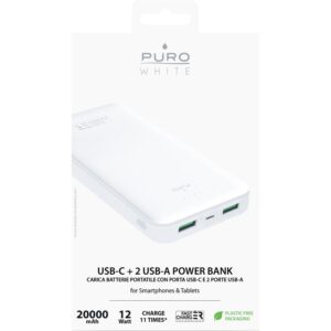 PURO White Fast Charger Power Bank - Power bank for smartphones and tablets 20000 mAh, 2xUSB-A + 1xUSB-C (white) - Image 2