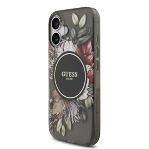 Guess IML Flowers Strap MagSafe dėklas skirtas Apple iPhone 17 juodos spalvos