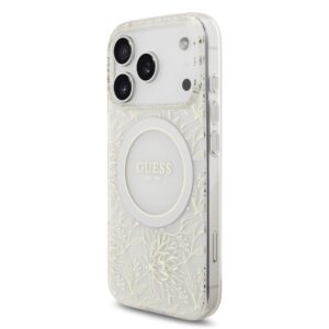 Guess IML Flowers Allover Strap MagSafe dėklas skirtas Apple iPhone 17 Pro baltos spalvos