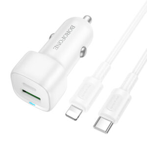 Borofone automobilinis įkroviklis BZ34B Cloud - USB + Type C - QC 3.0 PD 38W with Type C to Lightning cable white