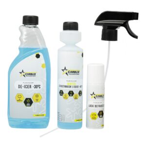 Žiemos rinkinys – 500 ml langų tirpiklio (-30°C), 50 ml spynų tirpiklio, 250 ml langų plovimo skysčio koncentrato (-60°C)