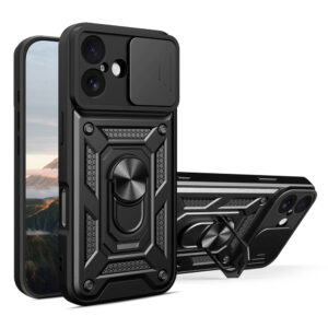Hybrid Armor Camshield Apple iPhone 17 dėklas su stoveliu and Camera Cover - juodos spalvos