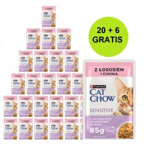 PURINA Cat Chow Sensitive with salmon and zucchini in sauce - šlapias kačių maistas - 26x85g (20 + 6 GRATIS) - Image 1