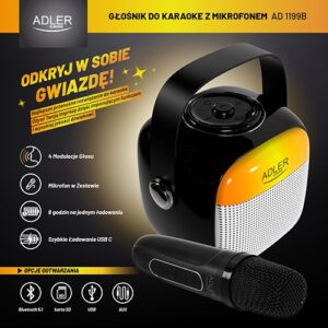 „Adler AD 1199“ juoda karaokės kolonėlė su mikrofonu - SD/USB/AUX/Bluetooth - Image 2