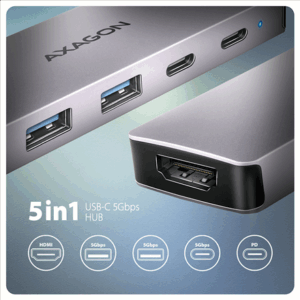 AXAGON HMC-5H60 5-in-1 Hub - 1x USB-C, 3x USB-A, HDMI, Power Delivery - Image 3