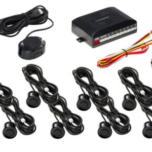 Parking assistance system with loudspeaker, 8 black sensors - front and rear