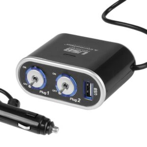 2-socket cigarette lighter splitter 12/24V switches, USB 1000 mA