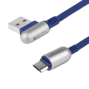 Charging & synchronisation cable , 120 cm, braided microfiber, double sided angled USB> micro USB, mėlynos spalvos