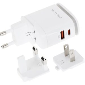 WAYME 25W USB-C PD + QC3.0 mains charger with touch LED lamp + adapters - plugs for EU, UK and US sockets
