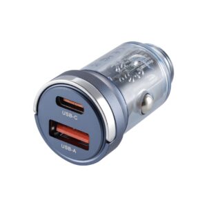WAYME Automobilinis įkroviklis 12/24V, USB 18W + USB-C PD 33W, with ring, transparent blue