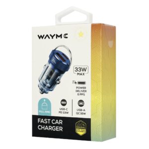 WAYME Automobilinis įkroviklis 12/24V, USB 18W + USB-C PD 33W, with ring, transparent blue - Image 4