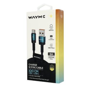 Wayme Mikropluošto pintas įkrovimo ir sinchronizavimo laidas, 100cm, USB > USB-C, Max 100W, turquoise - Image 4
