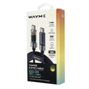 Wayme Mikropluošto pintas įkrovimo ir sinchronizavimo laidas, 100cm, USB-C > USB-C, Max 100W with Display, gray - Image 4