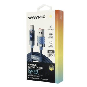 Wayme Mikropluošto pintas įkrovimo ir sinchronizavimo laidas, 100cm, USB > USB-C, Max 66W with Display, blue - Image 4