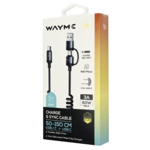 Wayme Mikropluošto pintas įkrovimo ir sinchronizavimo laidas, spiral, 50 - 150 cm, USB / C > USB-C, max 60W - Image 4