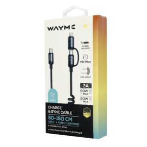 Wayme Mikropluošto pintas įkrovimo ir sinchronizavimo laidas, spiral, 50 - 150 cm, USB-C > USB-C / Lightning, max 60W - Image 4