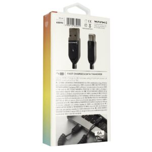 Wayme Mikropluošto pintas įkrovimo ir sinchronizavimo laidas, spiral, 50 - 180 cm, USB > USB-C, Max 100W, juodos spalvos - Image 4