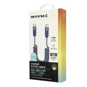 Wayme Mikropluošto pintas įkrovimo ir sinchronizavimo laidas, spiral, 50 - 180 cm, USB-C > USB-C, Max 100W, Blue - Image 3