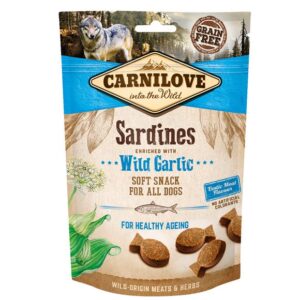 CARNILOVE Semi Moist Snack Sardinės, praturtintos laukiniais česnakais - skanėstas šunims su sardinėmis ir česnakais - 200 g