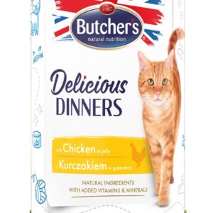 BUTCHER'S Delicious Dinners Vištienos gabalėliai drebučiuose - drėgnas kačių maistas - 400g