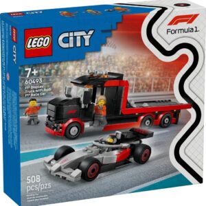 LEGO CITY 60493 F1 ekspozicinis sunkvežimis su Audi F1 lenktyniniu automobiliu