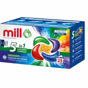 MILL PRO 5k skalbimo kapsulės + COLOR minkštinančios granulės, 25 vnt. (didmeninė pakuotė, 8 vnt.)
