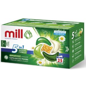 MILL PRO 5k skalbimo kapsulės + UNIVERSAL minkštinančios granulės, 25 vnt. (8 vnt. pakuotė)