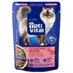 OPTIVITAL Tasty shreds in gravy with beef - šlapias kačių maistas - 85g