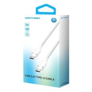 Vention USB-C į C kabelis, apipintas, 3A, 480Mbps, 60W, 1m, WH - Image 3