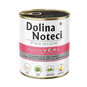 DOLINA NOTECI Premium turtingas veršiena su žaliaisiais žirneliais – šlapias šunų maistas – 800g