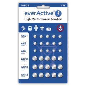 30 vnt. everActive mini šarminių baterijų rinkinys 10 x G3 / LR41, 5 x G4 / LR626, 5 x G10 / LR1130, 10 x G13 / LR1154