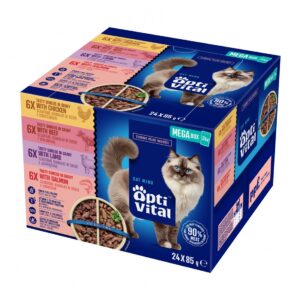 OptiVital saszetki - pełnoporcjowa karma dla dorosłych kotów. Z kurczakiem, wołowiną, jagnięciną, łososiem  24x85g
