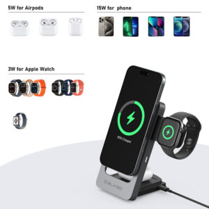 Blavec belaidis įkroviklis BQI-05 Qi 15W magnetic Magsafe 3 in 1 UniCharge (BQI05-QIMS) sidabro spalvos - Image 4