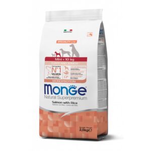 Monge spec.line monoprotein mini Puppy sausas pašaras mažų veislių jauniems šuniukams su lašiša ir ryžiais 2,5kg