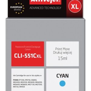 Activejet ACC-551CN rašalas (Canon CLI-551C pakaitalas; Supreme; 15 ml; mėlynos spalvos)