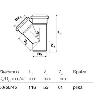 Vidaus kanalizacijos trišakis Wavin, Ø 50 / 50 mm, 45° - Image 2
