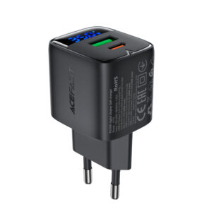 Acefast A116 GaN PD 35W USB-A USB-C Wall Charger with Display - juodos spalvos