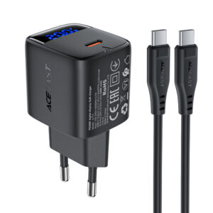 Acefast A113 GaN PD 20W USB-C Wall Charger with Display with USB-C Cable - juodos spalvos