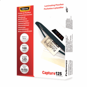 Fellowes | Laminating Pouch - 65x95mm | Glossy | Ideal for identity cards, credit cards, business cards and visitor cards; Capture 125 Micron thickness - providing an advanced level of document protection; Pack size of 100; Compatible with all laminator brands - Image 1