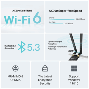TP-LINK AX900 Wi-Fi 6 Bluetooth PCIe Adapter | Archer TX10E | 802.11ax | MU-MiMO Yes | no PoE | Antenna type Two High Gain Dual-Band Antennas - Image 6