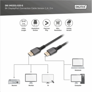 Digitus 8K DisplayPort Connection Cable Version 1.4 | DB-340201-020-S | DisplayPort to DisplayPort - Image 5