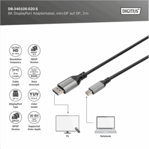 Digitus 8K DisplayPort Adapter Cable, Mini DP to DP, 2 m | DB-340106-020-S | DisplayPort to DisplayPort - Image 3