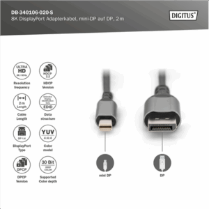 Digitus 8K DisplayPort Adapter Cable, Mini DP to DP, 2 m | DB-340106-020-S | DisplayPort to DisplayPort - Image 4